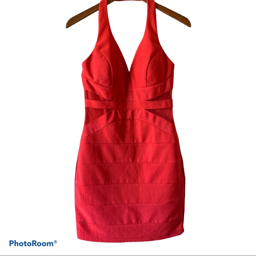 Crystal Doll Coral Bodycon Halter Mini Dress